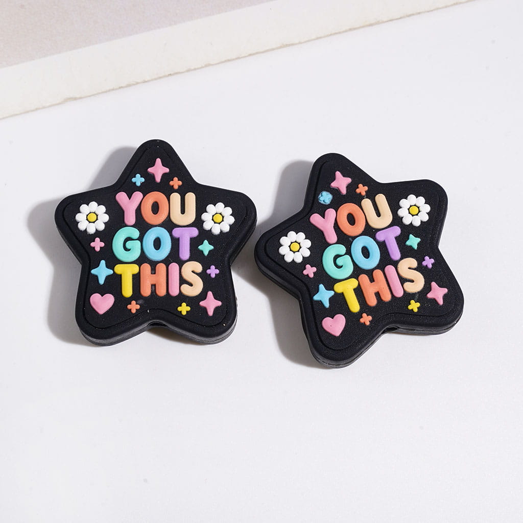 Silicone Focal Beads with Motivational Encourage Text and Flower, Flat Square & Rectangle & Star & Octagon Shape