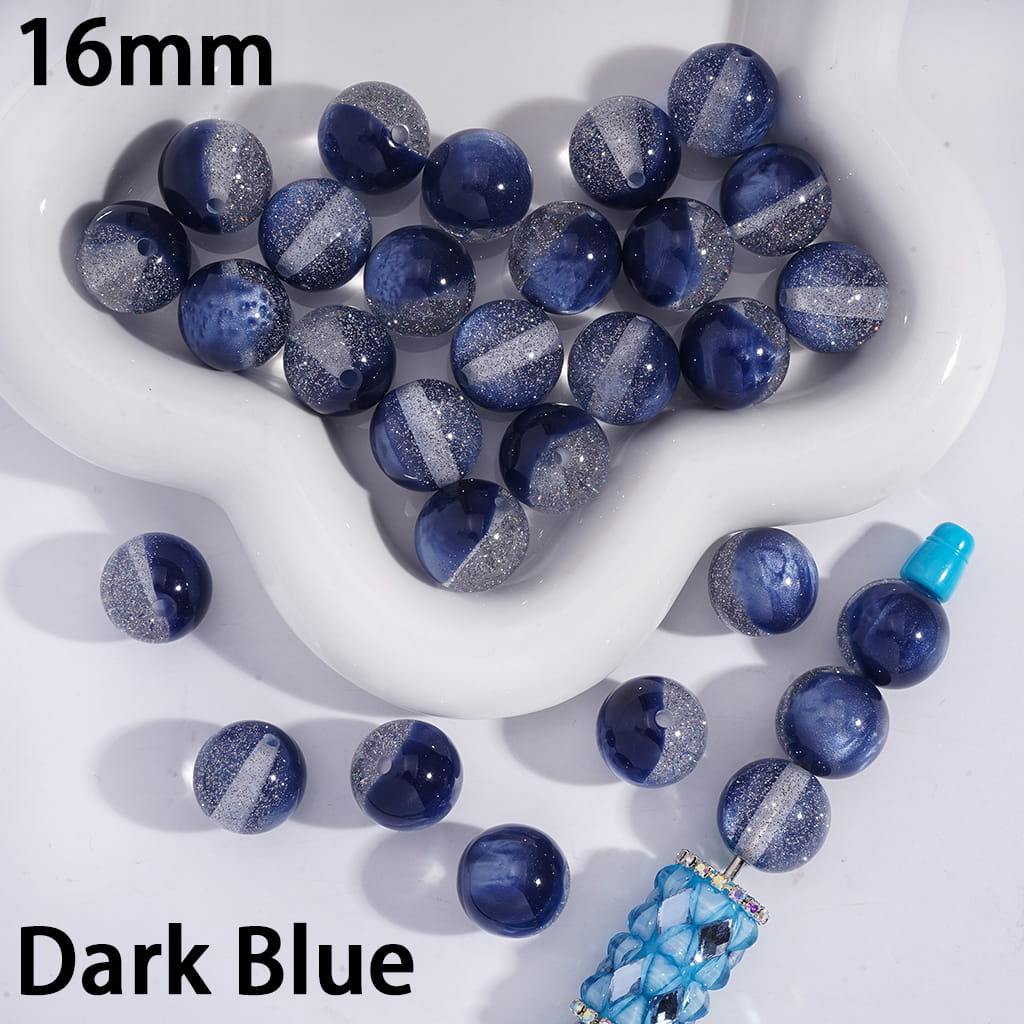 Dark blue beads with silver glitter on a white dish, labeled '16mm' and 'Dark Blue'.

