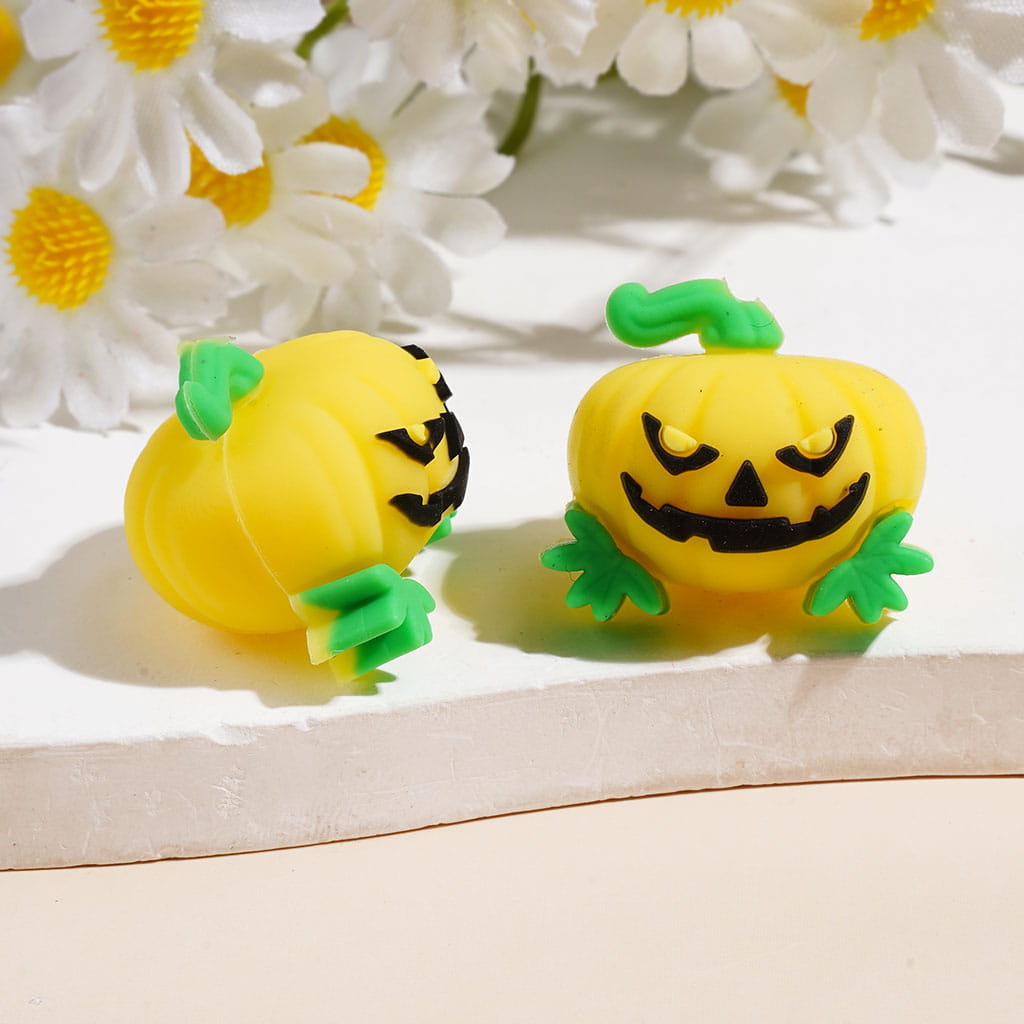 3D Mini Halloween Evil Pumpkin with Green Leaf and Stem Silicone Focal Beads, Assorted Colors