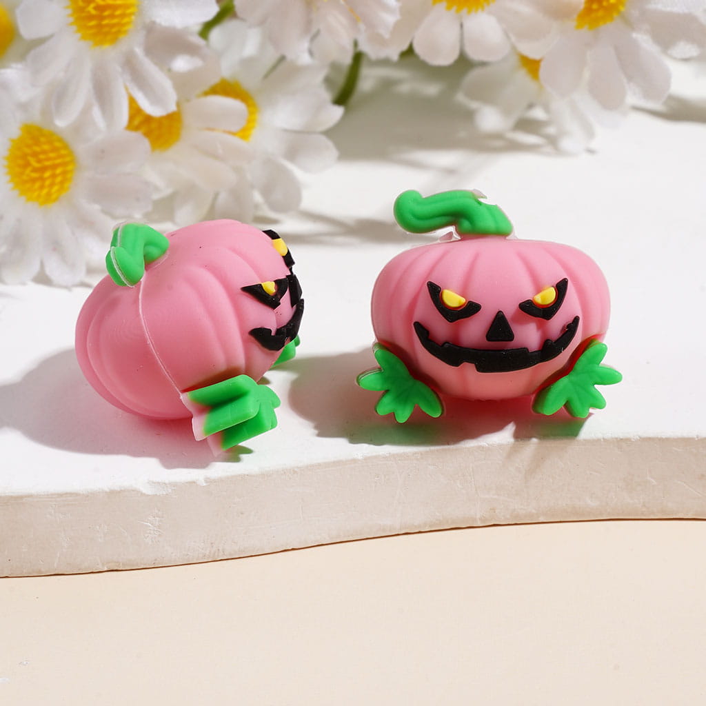 3D Mini Halloween Evil Pumpkin with Green Leaf and Stem Silicone Focal Beads, Assorted Colors