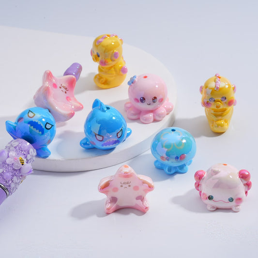 Acrylic Beads  UV Coating Cute Marine Sea Ocean Animals Shark Starfish Seahorse Octopus Jellyfish Ray, Random Mix