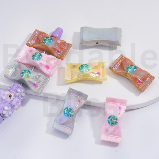Acrylic Beads UV Coating Cute Sakura Flower Prints Starbuc Candy 18*34MM, Random Mix
