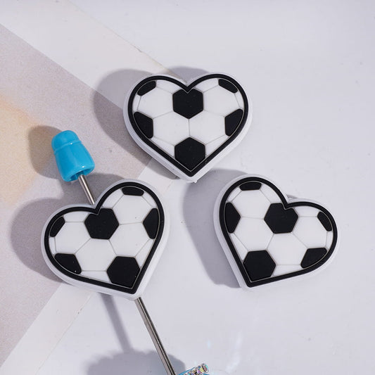 Silicone Focal Beads Sports Style Heart with Soccer Football Texture
