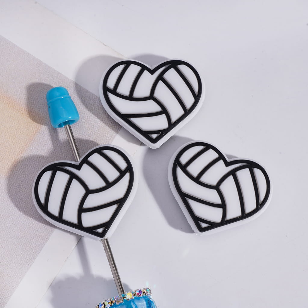 Silicone Focal Beads Sports Style Heart with Volleyball Texture