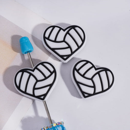 Silicone Focal Beads Sports Style Heart with Volleyball Texture