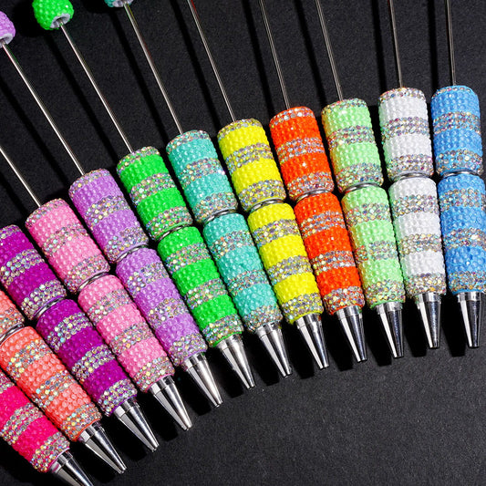 Beadable Clay Pens with Various Colors Rhinestones and AB Rhinestones Covered the Entire Pens, Horizontal Stripes Design