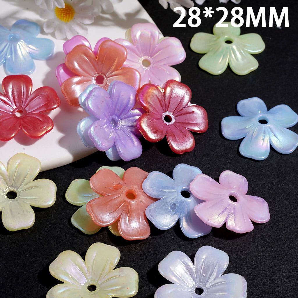 UV Coated Five-Petaled Flower Bead Cages, Acrylic Bead Cap, 28*28MM, Macaron Colors Random Mix