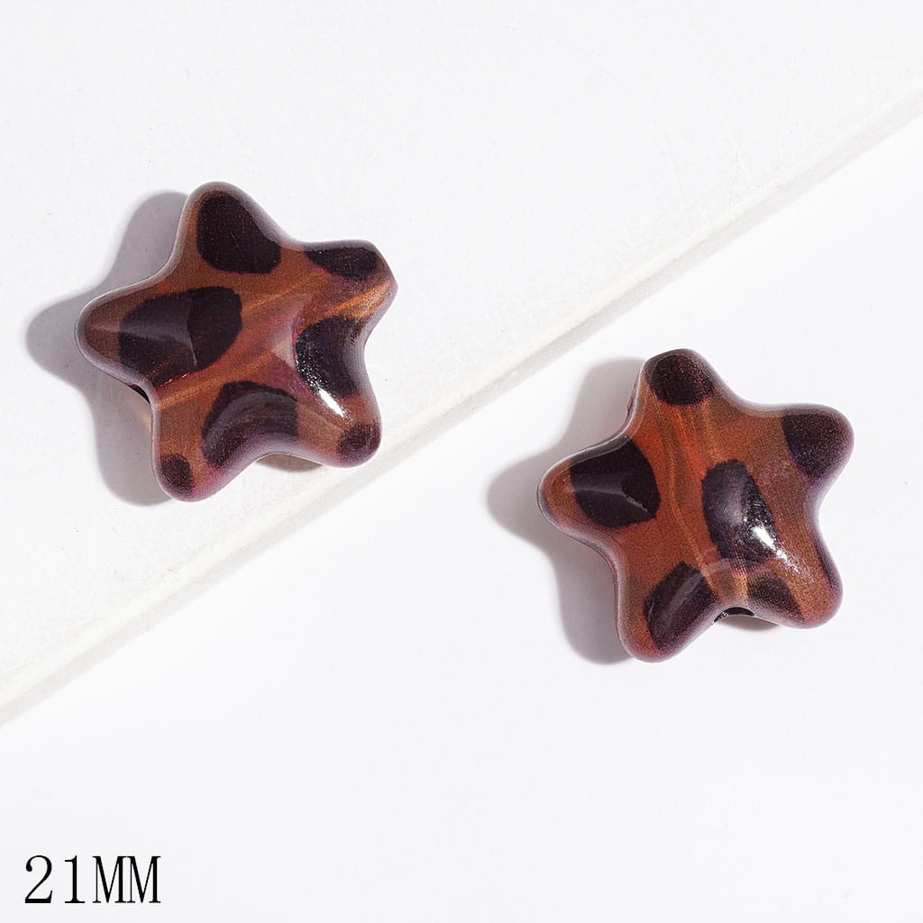 21MM - Acrylic Beads Red Brown Star with Black Spots Leopard Patterns