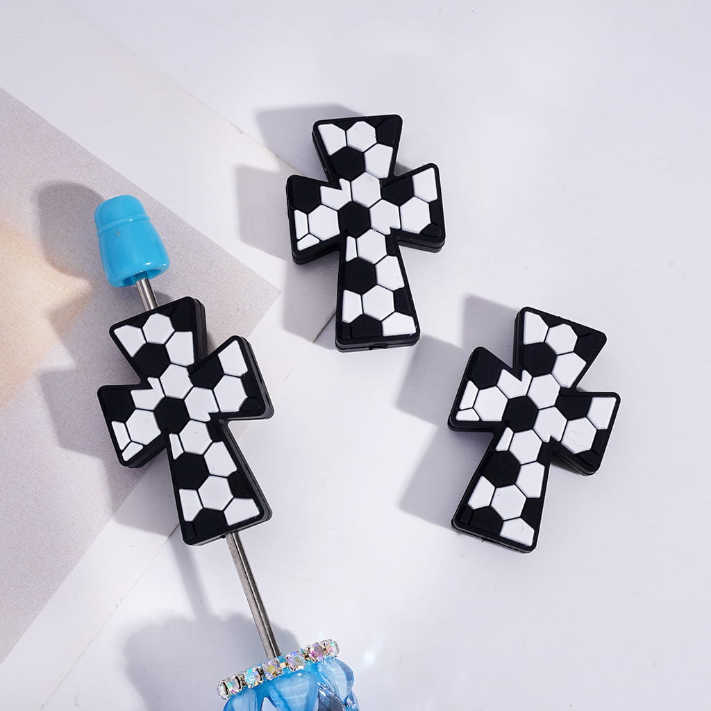 Silicone Focal Beads Jesus Cross with Soccer Football & Baseball & Volleyball Texture