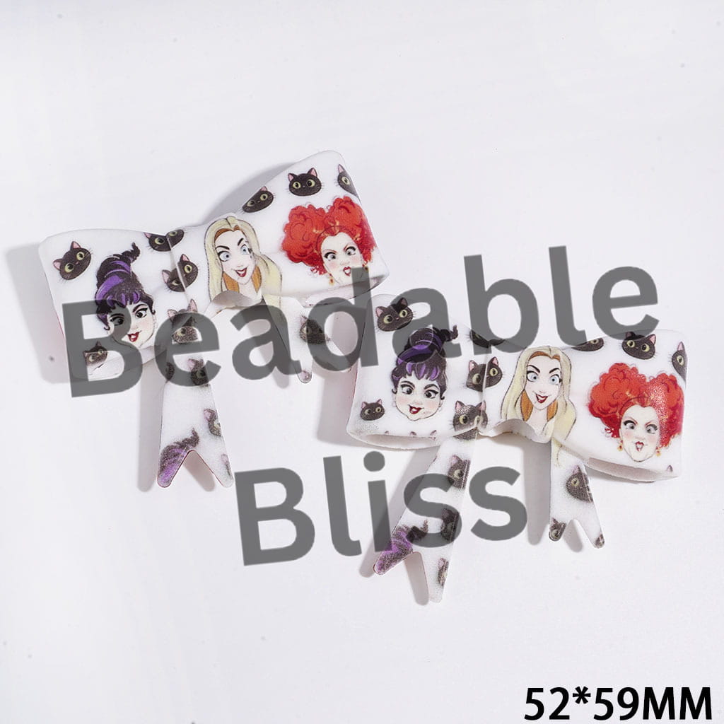 UV-Printed Soft Bowtie Halloween Theme with Spooky Sister Character and Black Cat Portrait Printed Silicone Focal Beads, 52*59MM