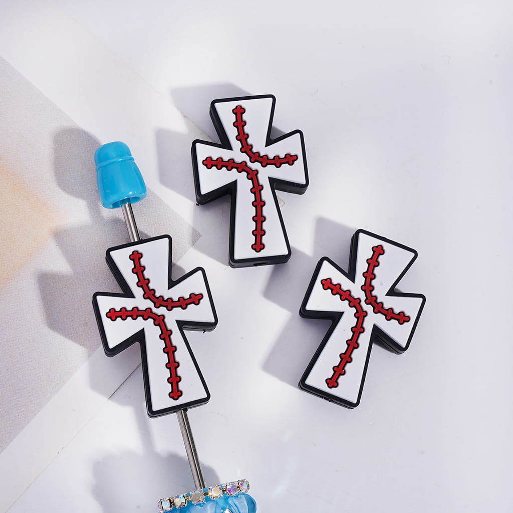 Silicone Focal Beads Jesus Cross with Soccer Football & Baseball & Volleyball Texture