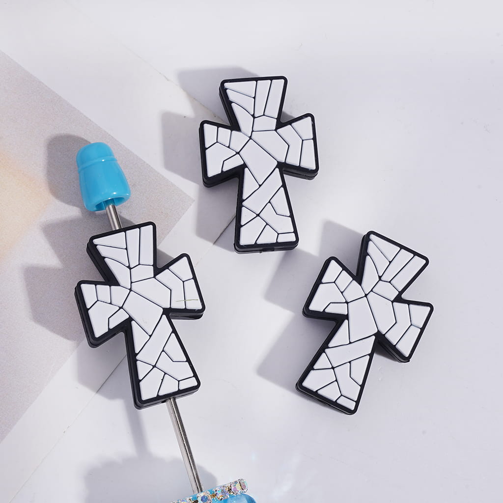 Silicone Focal Beads Jesus Cross with Soccer Football & Baseball & Volleyball Texture