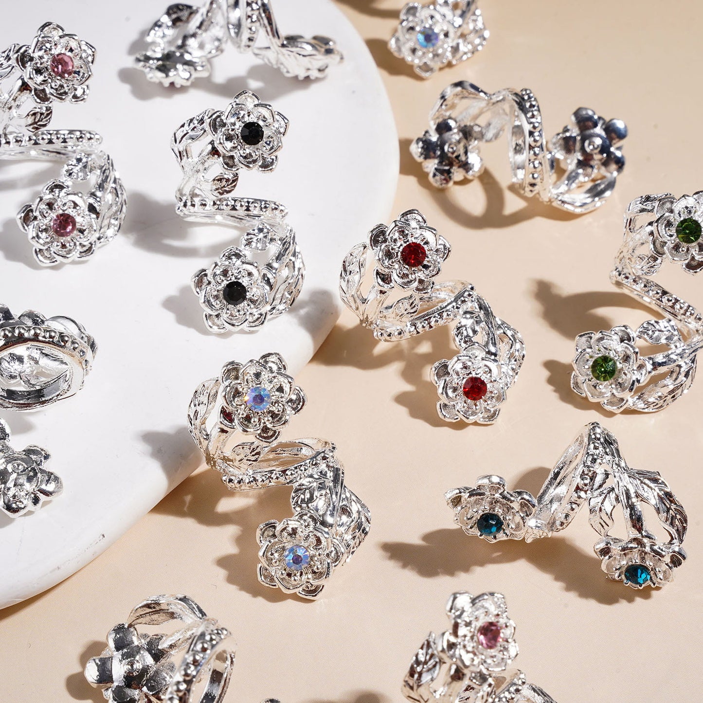 Trendy Twisted Spiral Alloy Beads w Flowers and Vines Rhinestones, Jewelry Accessories, Random Mix