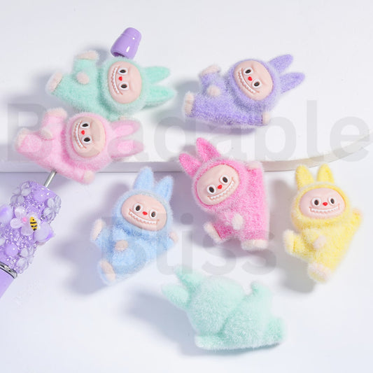 Acrylic Beads Flocked Cute Labub Lying on its Side Solid Color 27*40MM, Random Mix