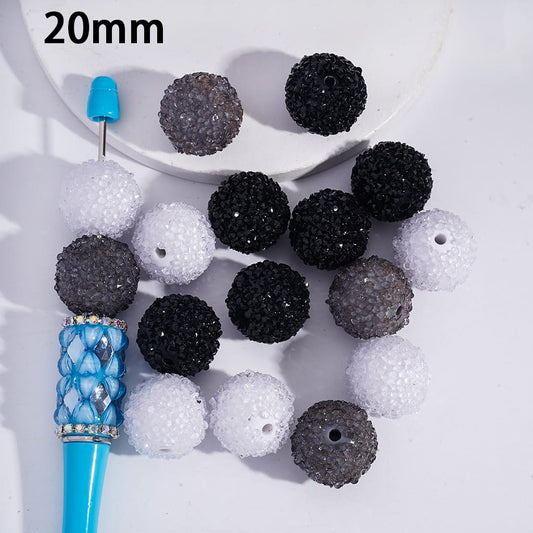 Sugar Acrylic Beads with Mini Shiny Cone Shape Rhinestones, Black White Gray Series, 20MM, Random Mix