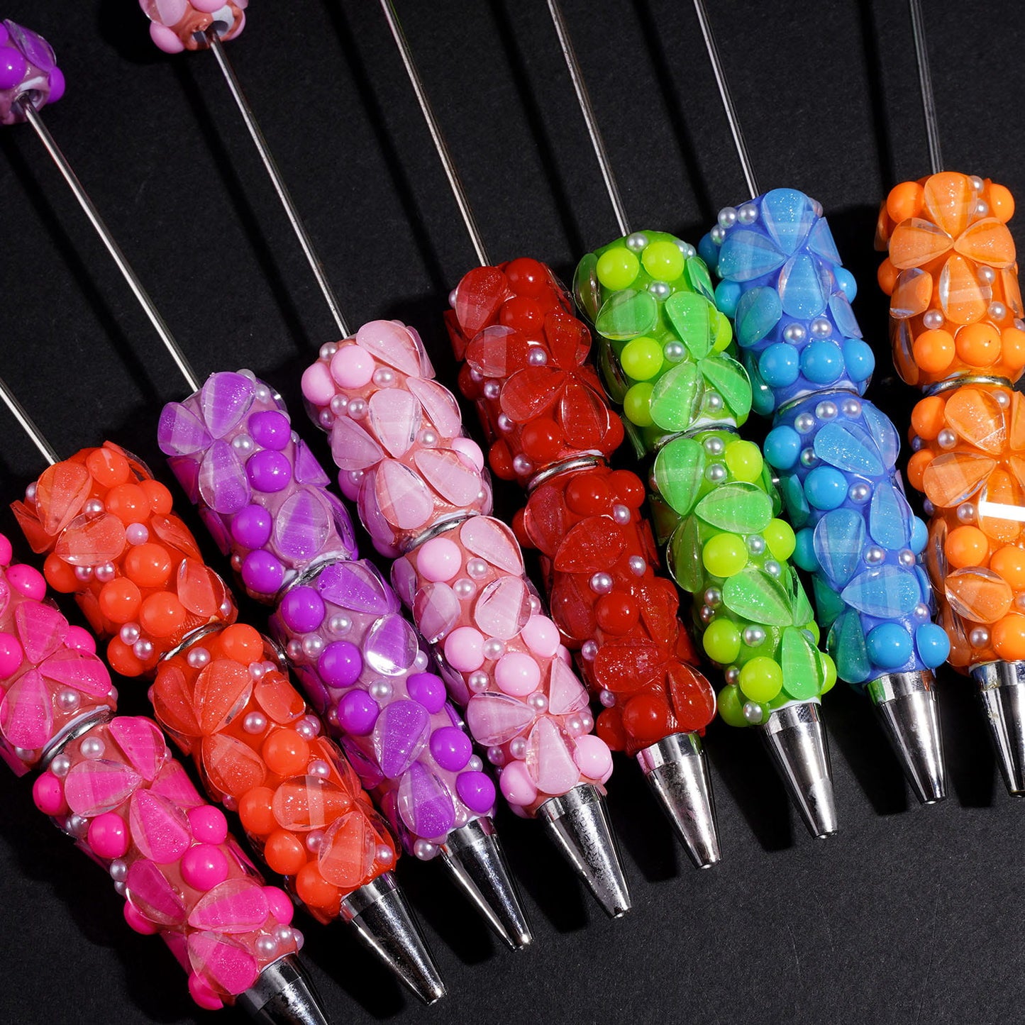 Beadable Clay Pens with Shiny White Pearl Petal Semi-Sphere, Neon Colors