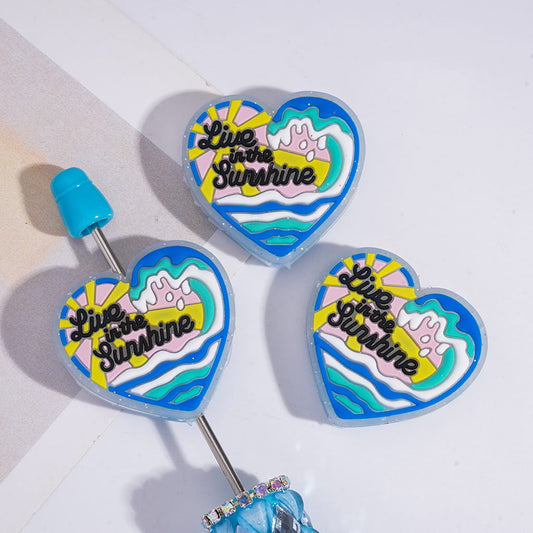 Silicone Focal Beads Summer Beach Vibe with Text "Live in the Sunshine", Flat Heart Shape