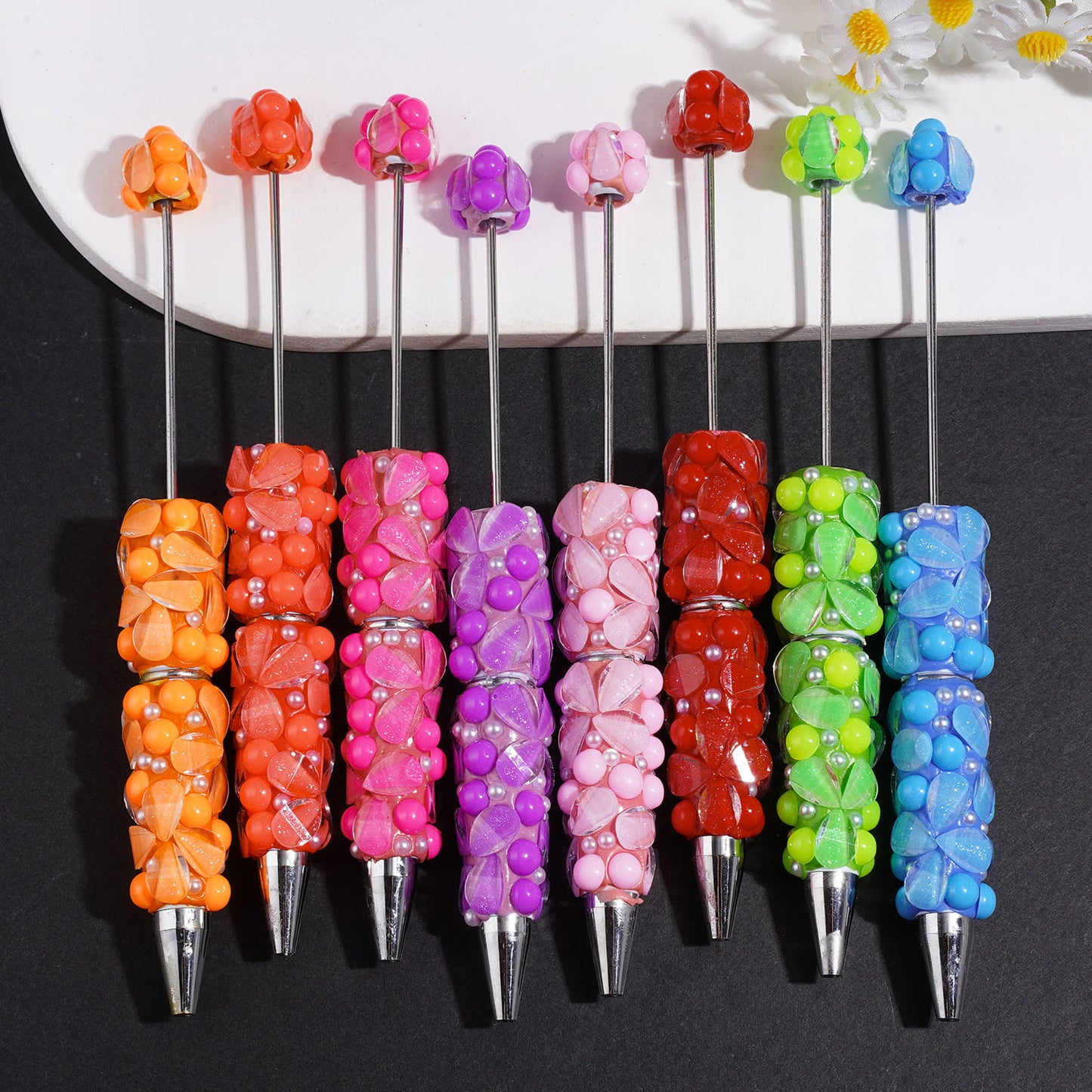 Beadable Clay Pens with Shiny White Pearl Petal Semi-Sphere, Neon Colors