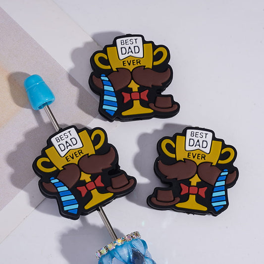 Silicone Focal Beads Champion Trophy with Text "BEST DAD EVER" and Blue Striped Tie