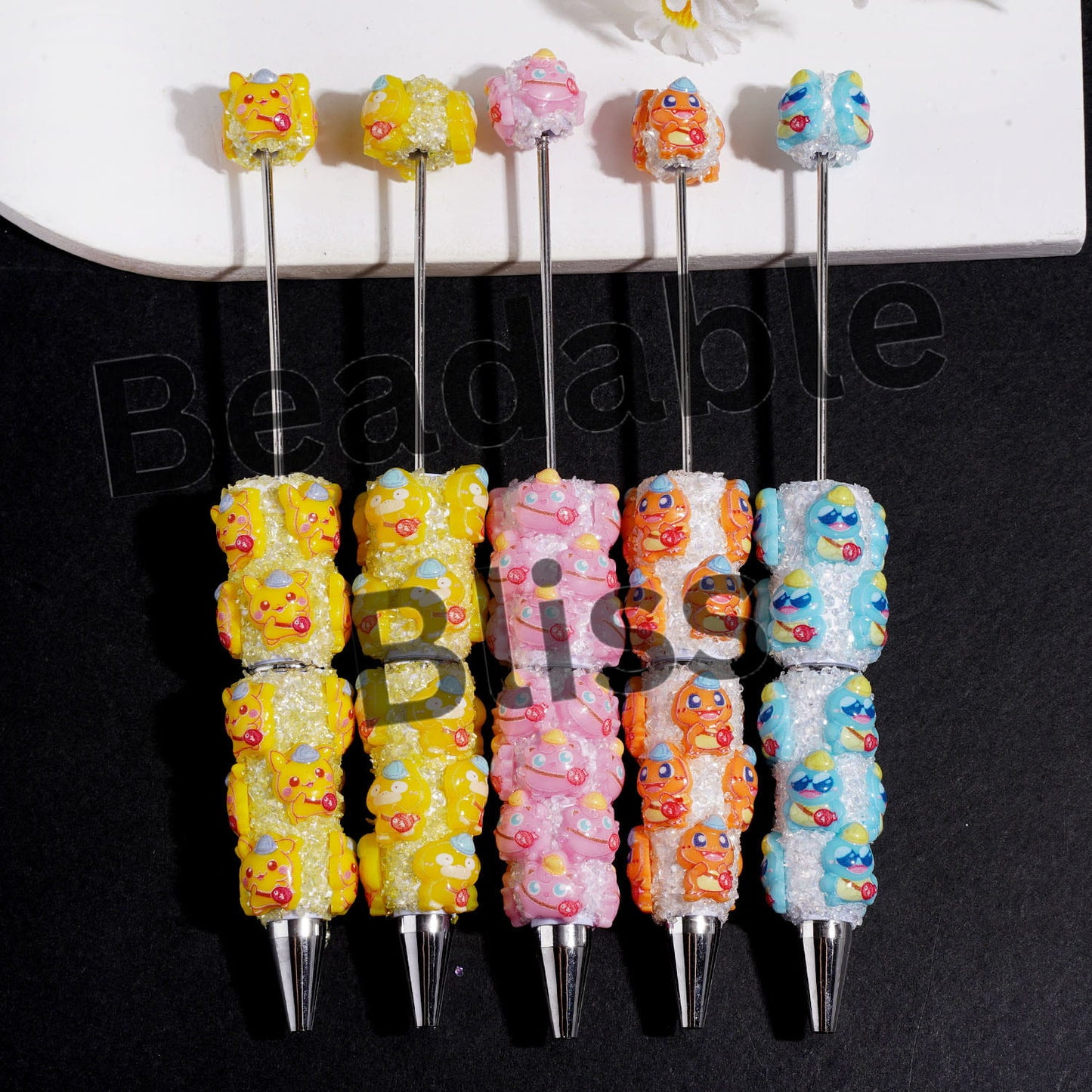 Handmade Beadable Sugar Clay Pens with Broken Rhinestones and Small Monster Character Covered the Entire Pens, Random Mix