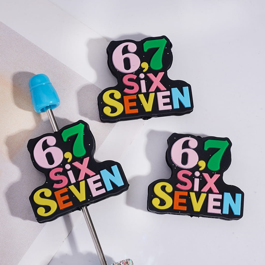Silicone Focal Beads with Text "SIX SEVEN" and Number "67"