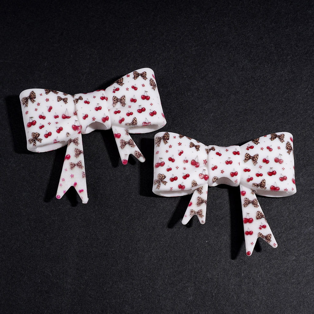 UV-Printed Soft Bowtie with Leopard Bowtie and Cherry Silicone Focal Beads, 53*59MM