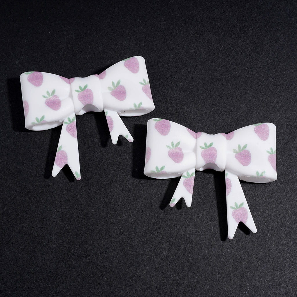 UV-Printed Silicone Focal Beads Soft Bowtie with Light Pink Purple Strawberry Pattern, 53*59MM