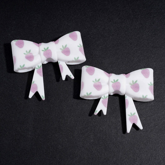 UV-Printed Focal Beads Soft Bowtie with Light Pink Purple Strawberry Pattern, 53*59MM