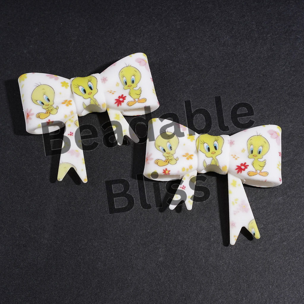 Yellow Bird and Flower Printed on White Background Soft Bowtie Silicone Focal Beads, UV-Printed Process, 53*59MM