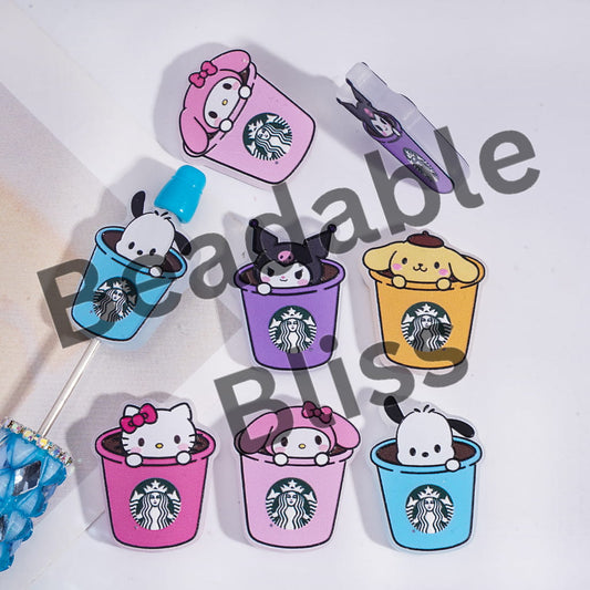 Acrylic Beads Coffee Cup with Adorable Character Prints Series, Translucent, Random Mix
