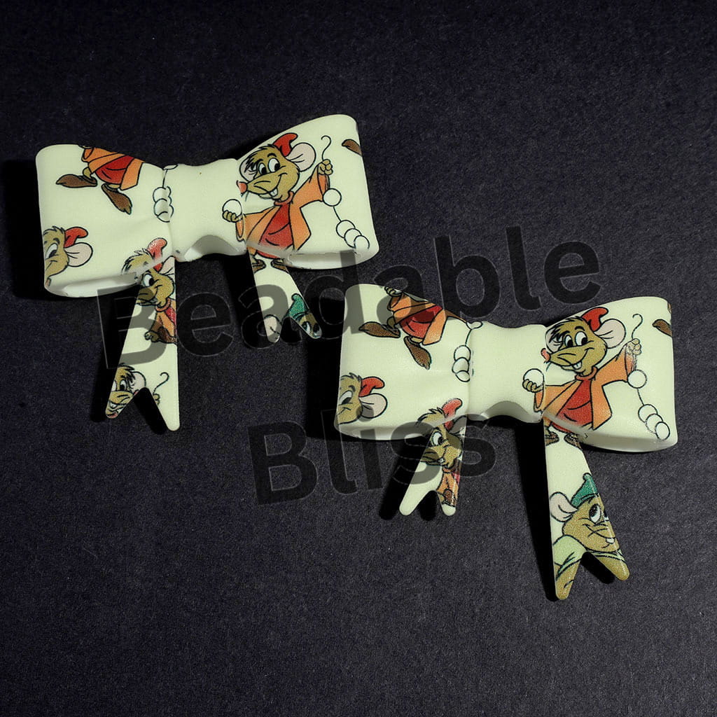 Cute Mouse Characters with Red Orange Clothes Printed Soft Bowtie Silicone Focal Beads, UV-Printed Process, 53*59MM