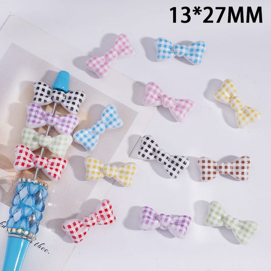 Acrylic Beads Bowtie with Checkered Patterns, 13*27MM, Multi-Color, Random Mix