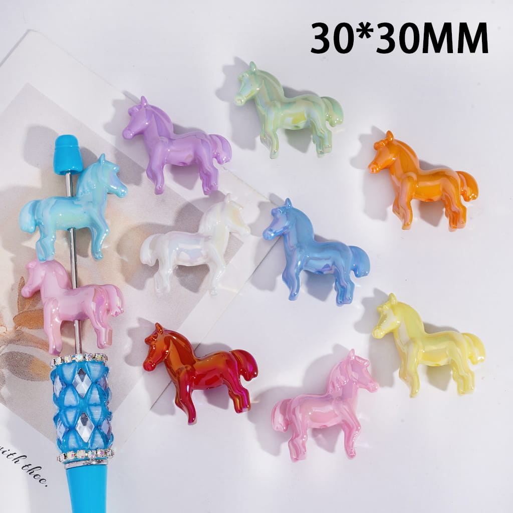 Acrylic Beads UV Coating Steed Horse in Macaron Colors, 30*30MM, Random Mix