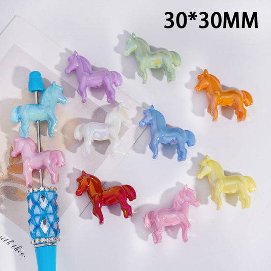 Acrylic Beads UV Coating Steed Horse in Macaron Colors, 30*30MM, Random Mix