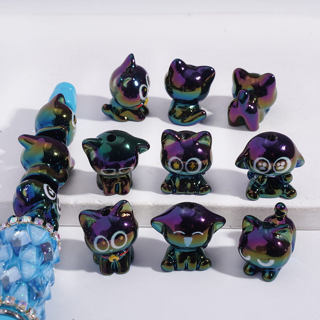Acrylic Beads UV Coating Black Kitten in Various Style, Random Mix