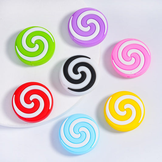 Multi-Color Swirls Stripes Lollipop Candy Round Flat Silicone Focal Beads