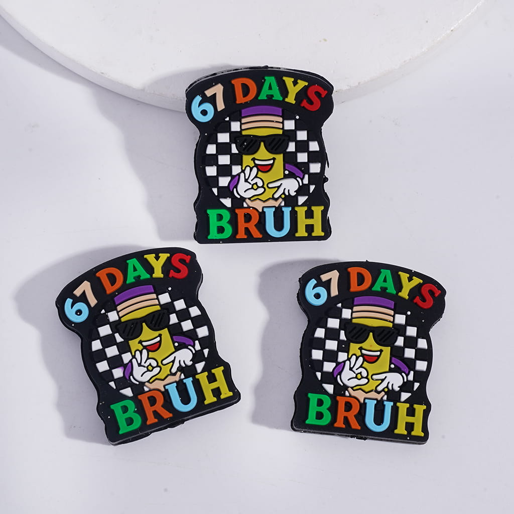 Silicone Focal Beads with Text "67 DAYS BRUH" and Cool Pencil on Black White Checkerboard