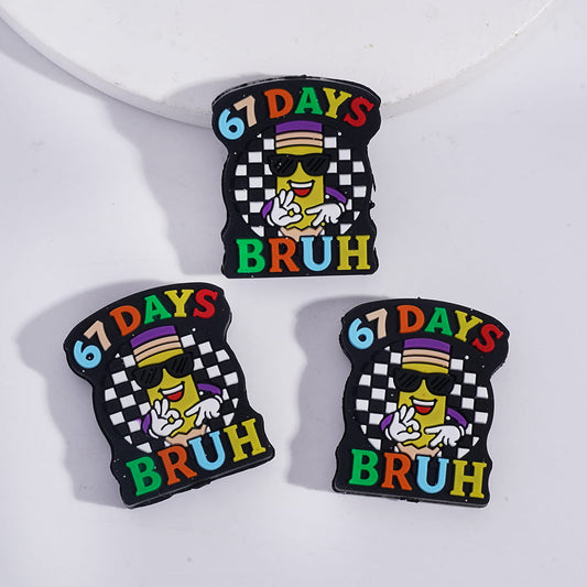 Silicone Focal Beads with Text "67 DAYS BRUH" and Cool Pencil on Black White Checkerboard
