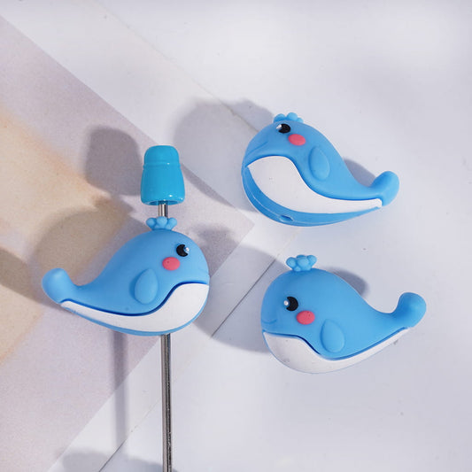 Silicone Focal Beads 3D Adorable Blue Whale with Water on Blowhole