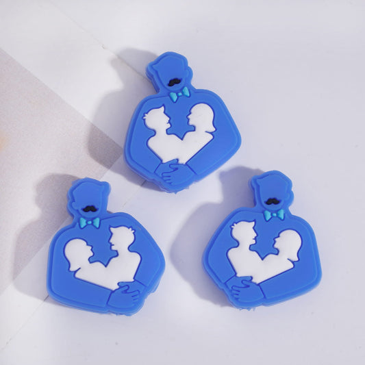 Silicone Focal Beads Blue Old Father Holding White Young Girl and Boy Patterns