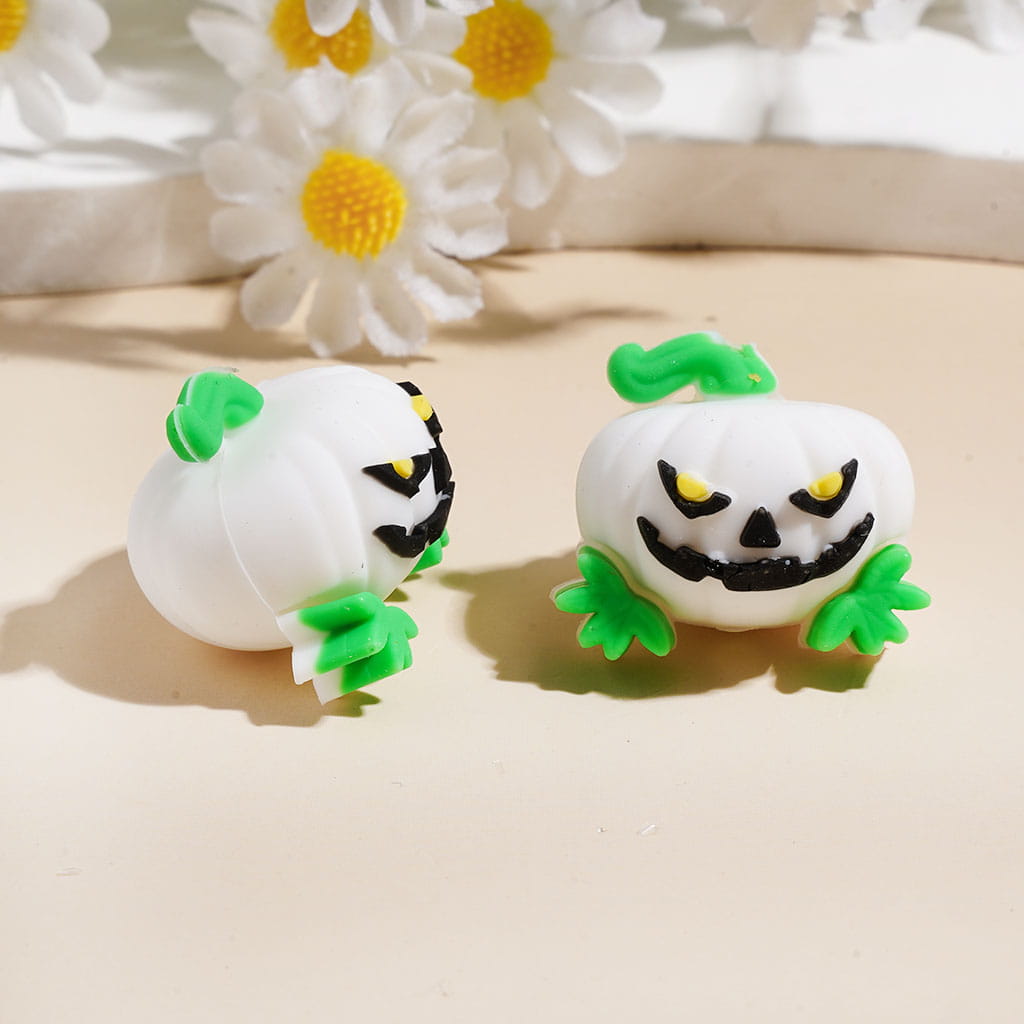 3D Mini Halloween Evil Pumpkin with Green Leaf and Stem Silicone Focal Beads, Assorted Colors