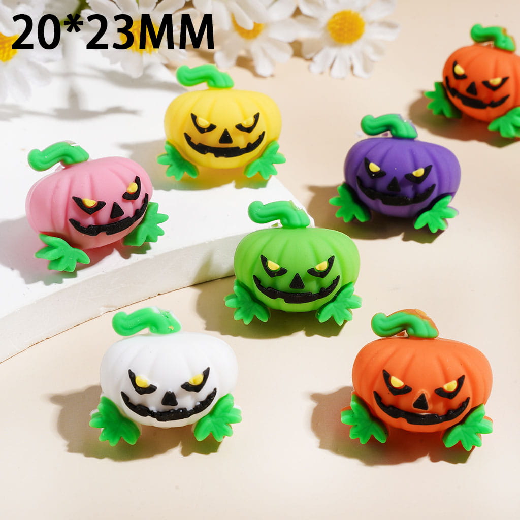 3D Mini Halloween Evil Pumpkin with Green Leaf and Stem Silicone Focal Beads, Assorted Colors