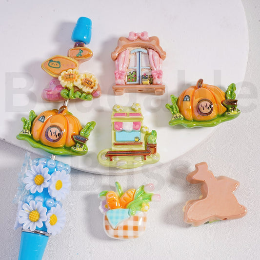 Acrylic Beads UV Coating Cute Hello Kitty Cat Pumpkin House Bread Flowers Windowsill, Random Mix