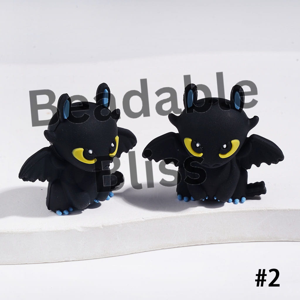 3D Silicone Focal Beads Black Baby Dragon with Blue and White Paw