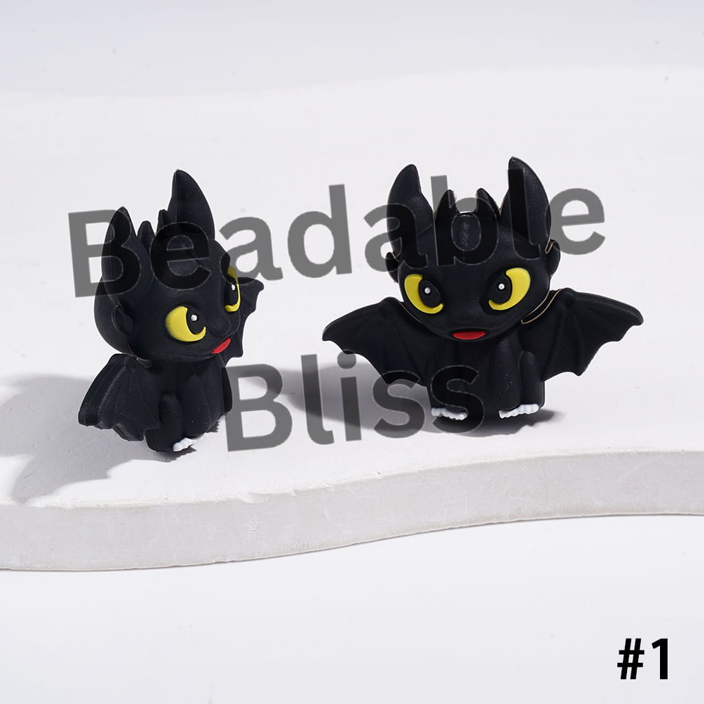 3D Silicone Focal Beads Black Baby Dragon with Blue and White Paw