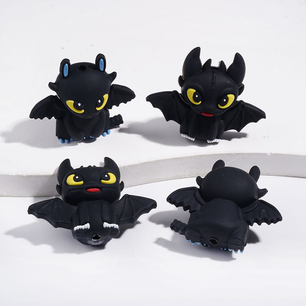 3D Silicone Focal Beads Black Bat with Red Tongue White Claw and Blue Ear Paw