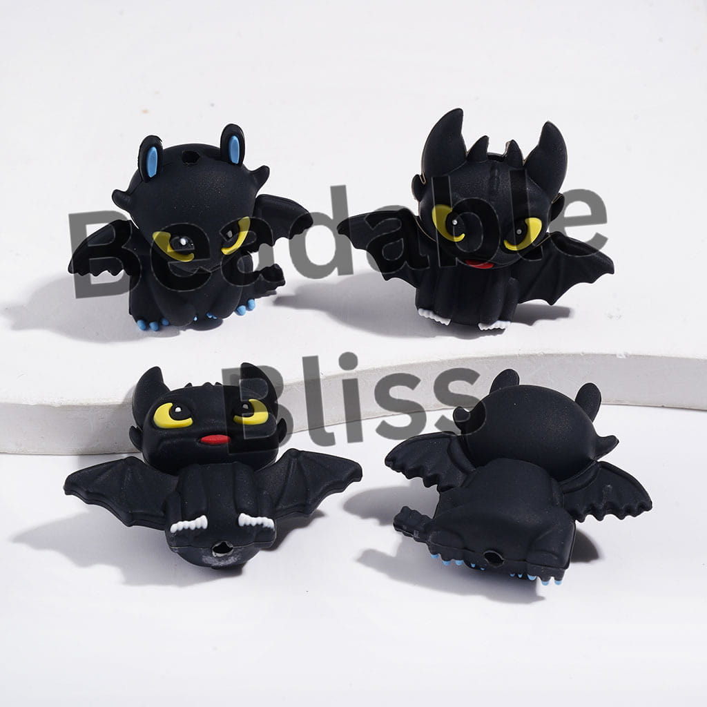 3D Silicone Focal Beads Black Baby Dragon with Blue and White Paw