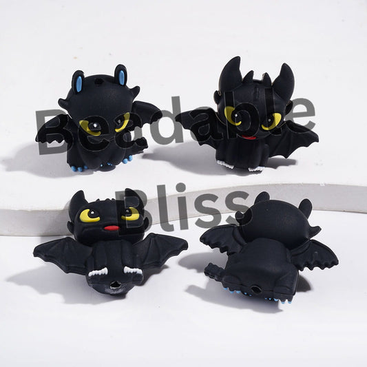 3D Silicone Focal Beads Black Baby Dragon with Blue and White Paw