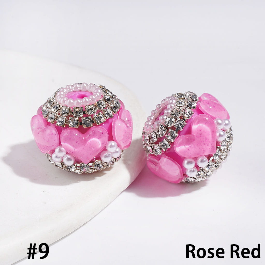 Handmade Acrylic Beads with Heart Rhinestones and White Pearl, Clear Rhinestone and White Pearl Chains, 22MM Multi-Color