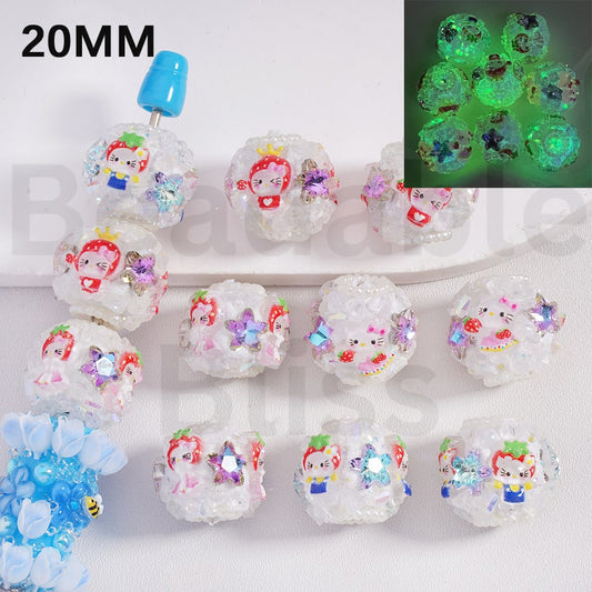 Clay Beads Luminous Cute Hello Kitt with Strawberry Hat Shiny Star Mini Stone Rock Rhinestones White Pearls Loop, 18*20MM, Random Mix